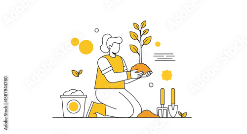 Woman kneeling and holding a small tree with soil, ready to plant, with gardening tools and a bucket nearby in a minimalist illustration.