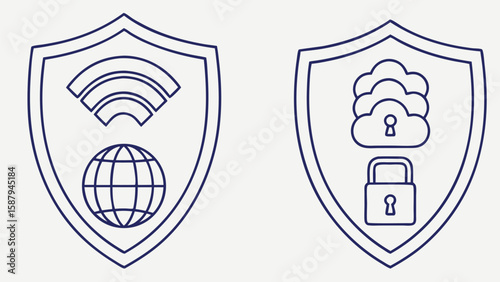 Shield icons with Wi- Fi globe and cloud lock security protection