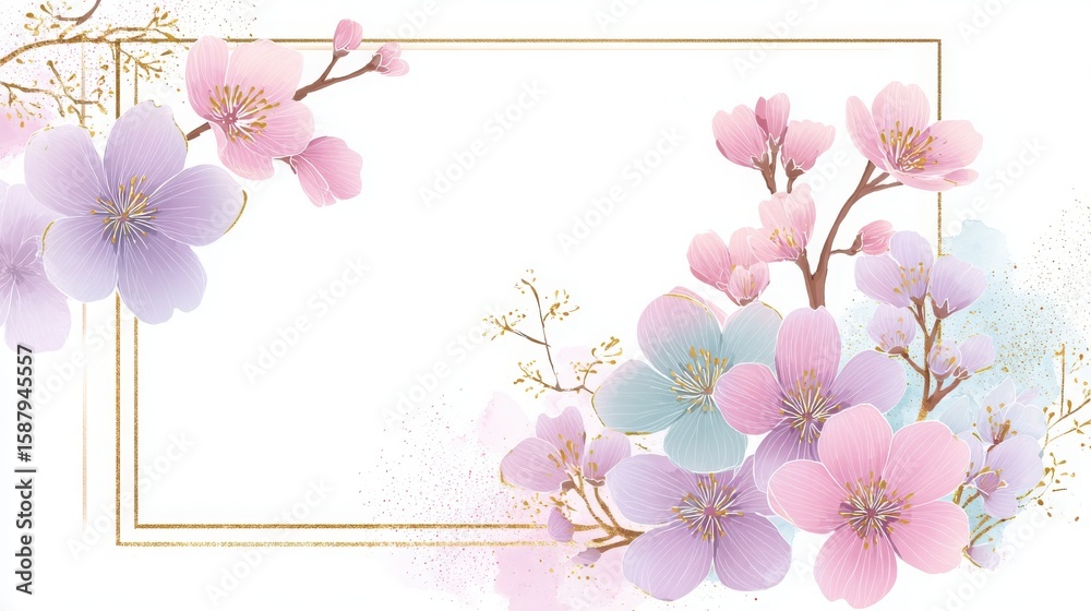 Fototapeta premium Dreamy Pastel Floral Frame with Blossoming Flowers and Leaves