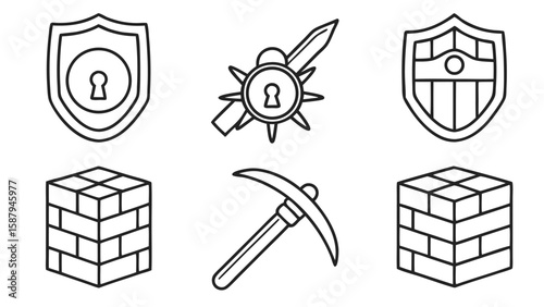 Shields keyhole mace pickaxe brick wall icons sword