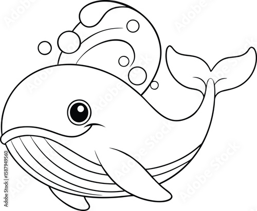 Whale swimming through deep ocean waves with water spout detail Vector illustration