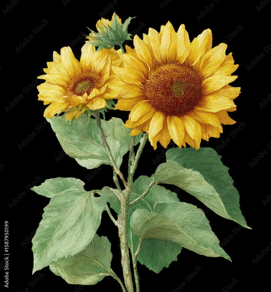 Obraz premium Two sunflowers with leaves