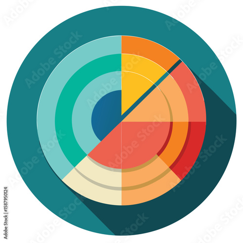 Abstract circular design illustration featuring a stylized segmented pie chart representing data analysis and statistical information in flat design style.