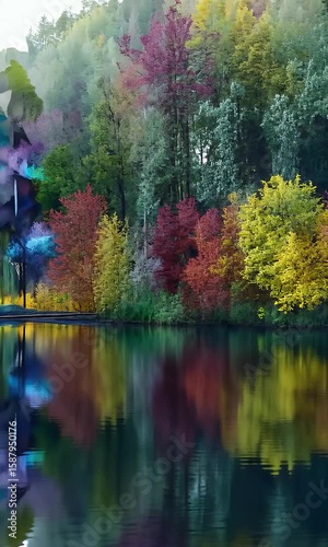 Abstract Colorful Landscape with Trees and Reflections on Water