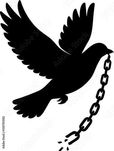 Silhouette of dove flying with broken chain in beak symbolizing peace, freedom, liberation, hope, social justice, breaking oppression, and bird escaping captivity in black and white vector art