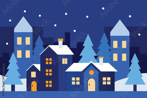Winter Village Night Scene Illustration: Snowy Houses, Trees, and Starry Sky Vector Graphic for Holiday Designs