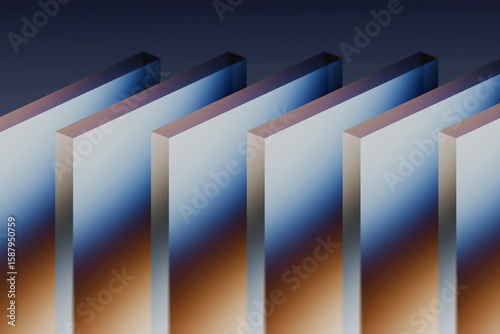 3D rendering of geometric glass rectangles with gradient pattern