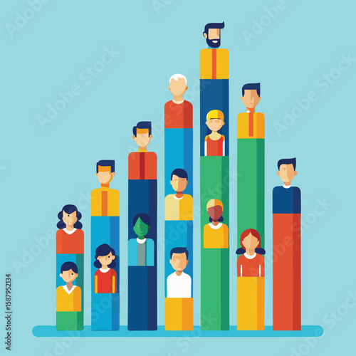 An abstract depiction of a diverse team of people in the form of a colorful bar chart representation