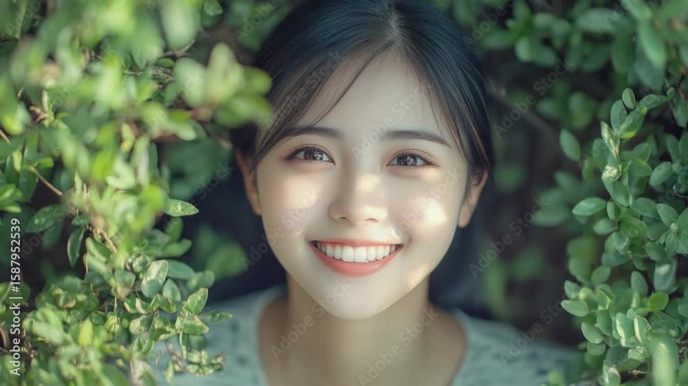 Smiling Asian woman in a natural outdoor setting, surrounded by greenery and flowers. She is embracing the beauty of nature with a warm and inviting smile. Smiling Asian woman in a natural outdoor setting, surrounded by greenery and flowers. She is embracing the beauty of nature with a warm and inviting smile.