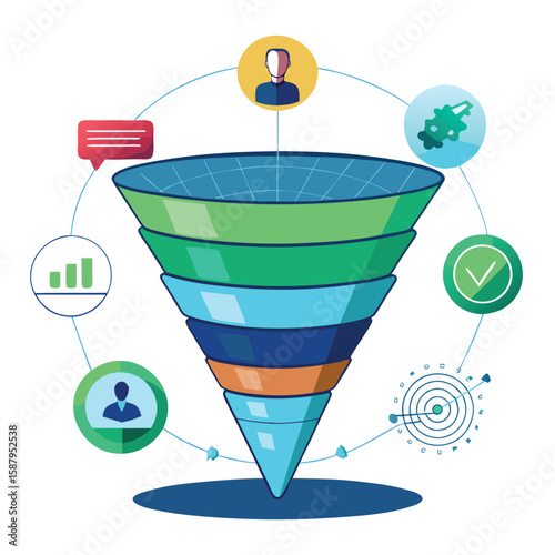 An illustrated marketing funnel diagram representing stages of the sales process and the different elements of maslow's hierarchy
