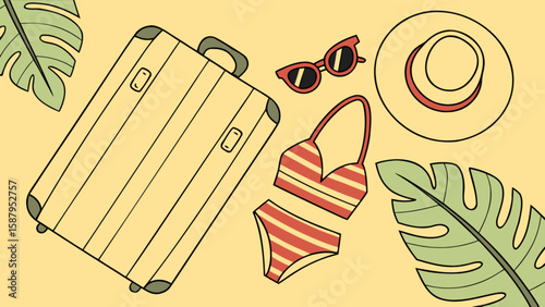 Summer vacation travel essentials suitcase bikini sunglasses and hat for beach holiday packing list guide