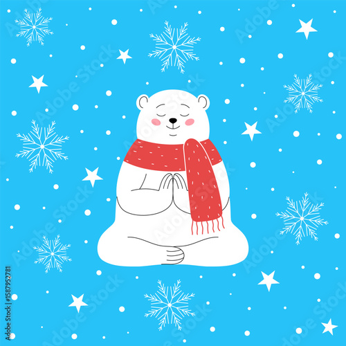 Card with cute white bear meditating in a red scarf on blue background