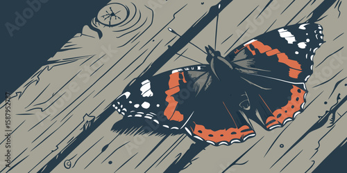 Black butterfly adorned with white and orange markings resting on aged wooden surface vector illustration.