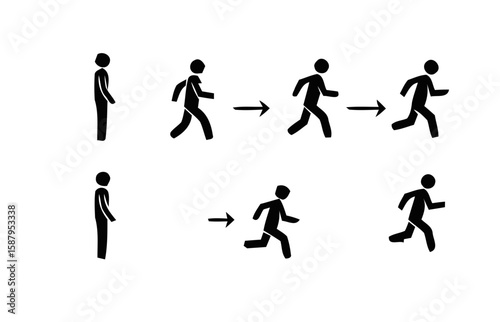 A simple stick figure illustration depicting the transition from standing still to running, showcasing movement and progression in a clear and concise manner.