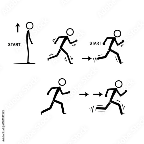 Simple black stick figures illustrate the running phases from start to finish, providing a visual guide for animation or presentations on movement and sports.