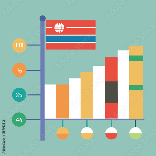 Colorful abstract infographic representing data visualization and statistical analysis with bar chart and associated numbers.