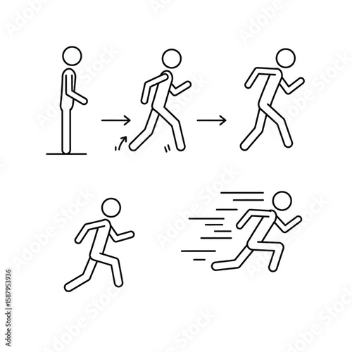 A clear sequence of minimalist stick figures illustrating the progression of human movement from standing still to running at full speed.