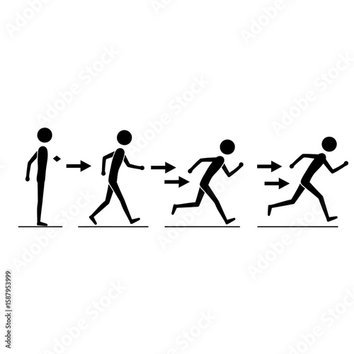 Simple stick figure sequence showing the progression from standing still to running, illustrating motion and activity.
