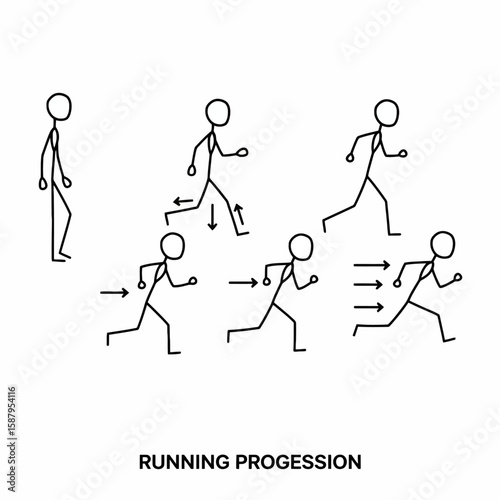 Simple vector illustration of a running progression, showing stick figures in various stages of a running motion, ideal for presentations or educational materials on physical activity and exercise.