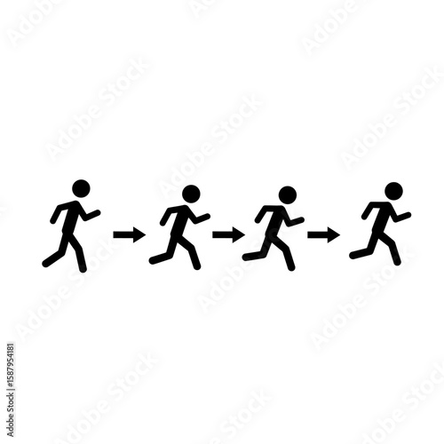 A sequence of simple stick figure icons depicts a person running from left to right, illustrating progress, motion, and the passage of time on a white background.