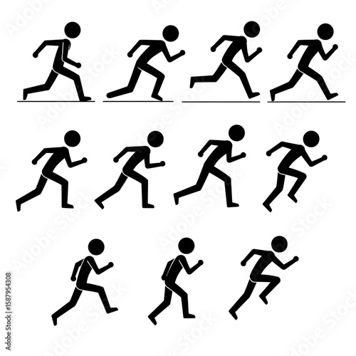 Simple black stick figures in various running poses, ideal for animation, presentations, or websites needing movement illustrations;  easily adaptable to different projects and styles.