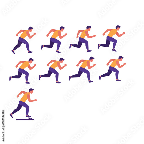 A group of diverse individuals in motion, showcasing the dynamic progression of running and athletic activity against a clean white backdrop.