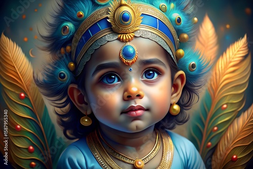 Adorable child deity adorned with peacock feathers and golden ornaments