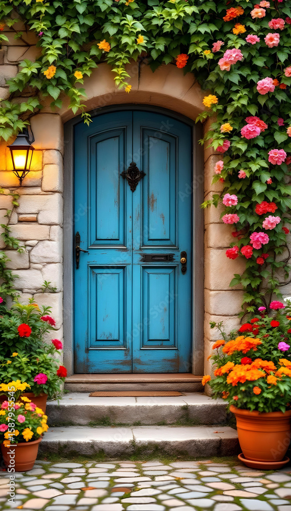 Fototapeta Charming stone villa entrance with blue door, vibrant flowers, and warm sunlight.
