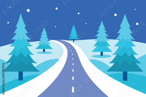 Winter Road Landscape Illustration: Snowy Trees, Blue Sky, and Winding Path - Vector Graphic for Holiday Season Designs