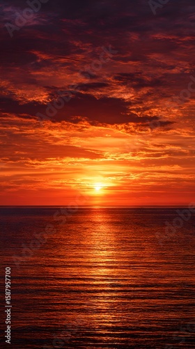 Golden sun dips below the horizon, painting the sky with fiery orange and red hues over the calm evening sea, reflecting on gentle waves near the coast