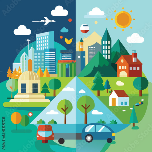 Colorful vector illustration featuring a cityscape at night transitioning to a daytime landscape with homes and transportation
