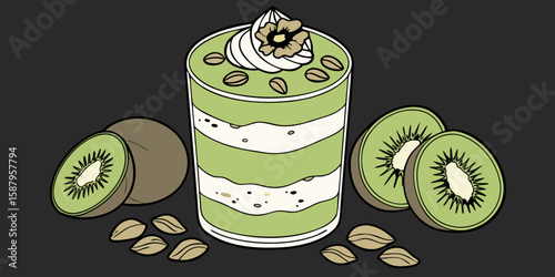 Layered green smoothie topped with fresh kiwi slices and crunchy walnuts black background vector illustration.
