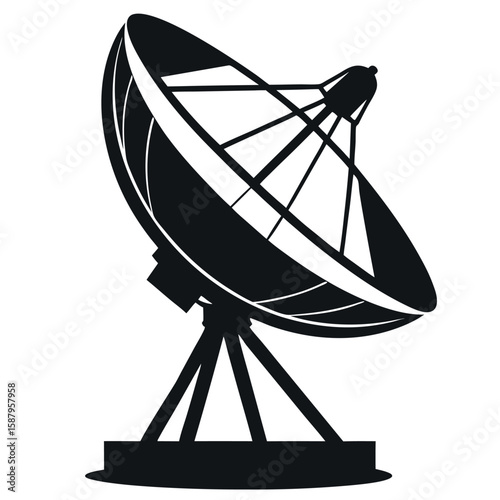 A bold silhouette of a satellite dish, representing technology, communication, and broadcasting.