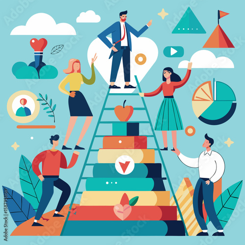 Conceptual illustration of a team collaborating to ascend a metaphorical ladder representing maslow's hierarchy in a marketing funnel