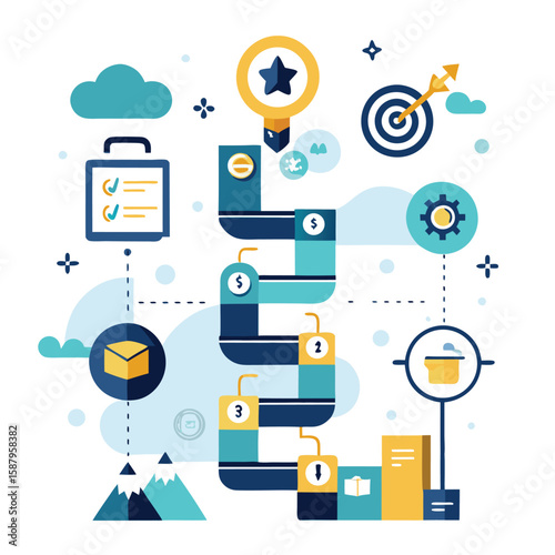 Conceptual illustration of milestone mapping showing steps to success in a business strategy achieving financial goals and targets