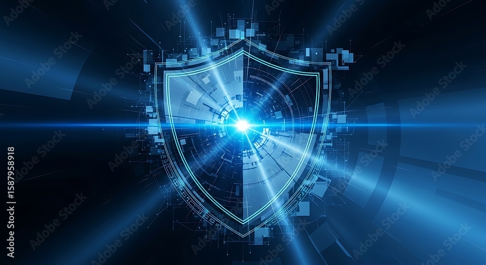 Obraz premium Digital shield graphic with radiating light effects, representing cybersecurity.