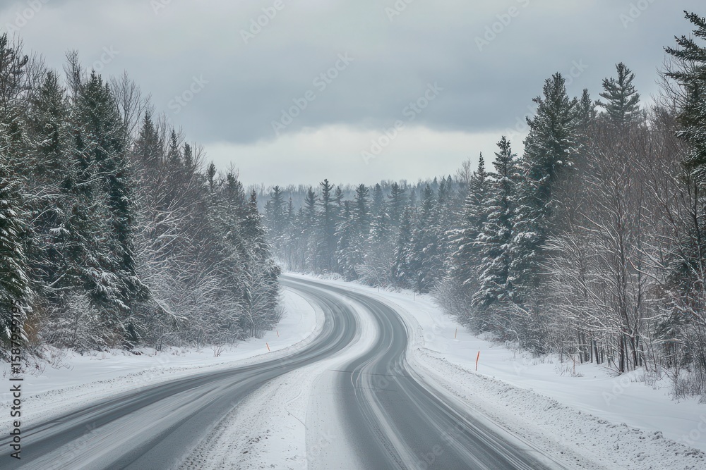Obraz premium Winter drive on Highway 40, Quebec, Canada, snowy road, overcast sky, forest background