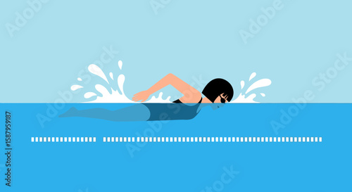 Woman swimming freestyle in a pool, graceful strokes, water splashing.