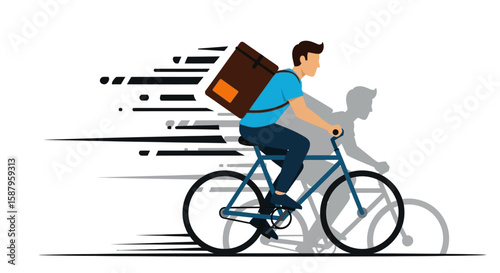 Delivery person on a bicycle, carrying a package, in motion, with speed effect.