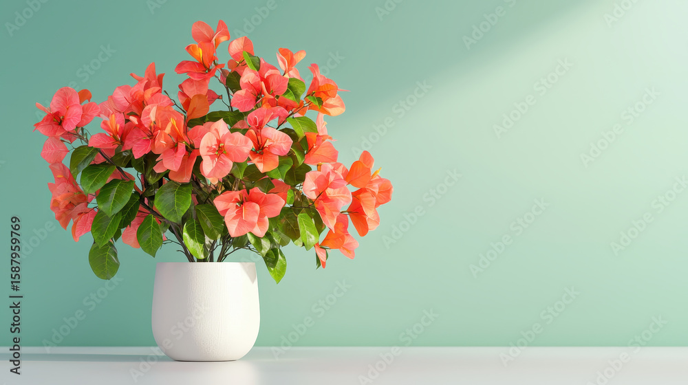 vibrant bouquet of blooming bougainvillea in white pot against soft green background, radiating joy and beauty. vibrant bouquet of blooming bougainvillea in white pot against soft green background, radiating joy and beauty.