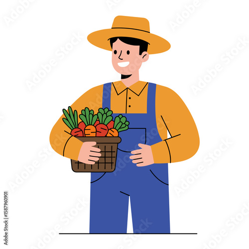 Farmer smiling while holding a basket of fresh vegetables  