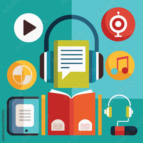 Digital learning and audio visual concepts represented through books headphones tablet music play button and information