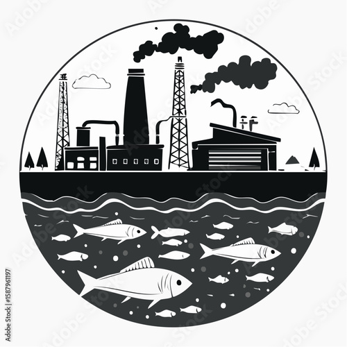 Flat vector in black and white showing industrial waste being dumped into a river, with dead fish floating around