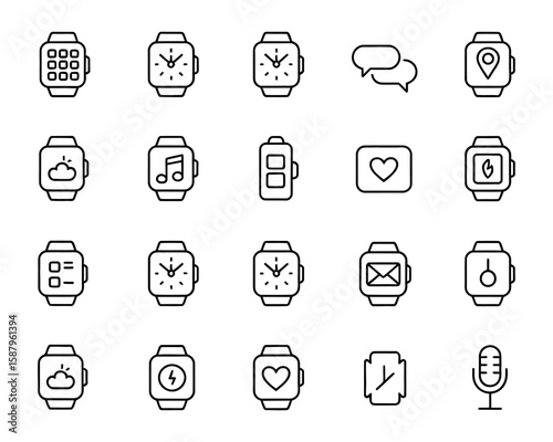 Smart Watch Vector Icon Set  Time, Apps, Notifications, GPS, Weather, Heart Rate, Chat, Music, Health, Fitness, Mail  Adjustable Line Weight