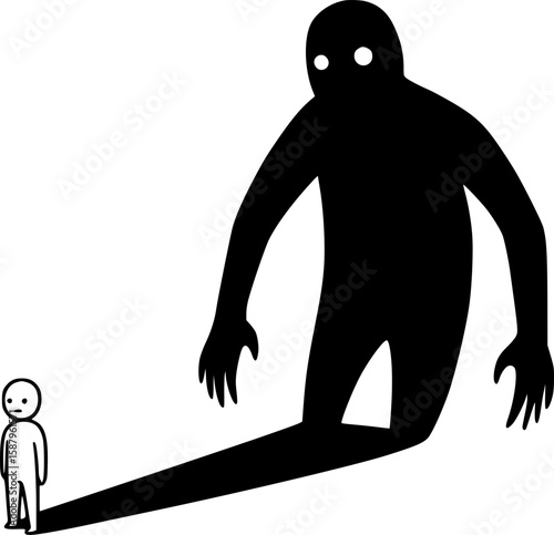 A metaphor for emotional despair and inner fears. A small human figure casts a huge, distorted, and frightening shadow, symbolizing despair and inner demons.