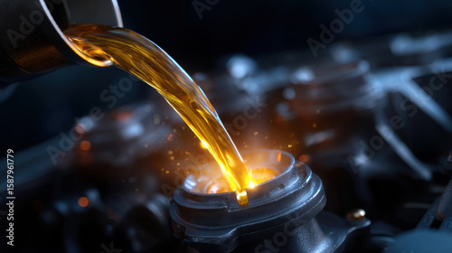 Engine oil pouring into car engine with glowing light and sparks, close up view of mechanical parts in dark setting
