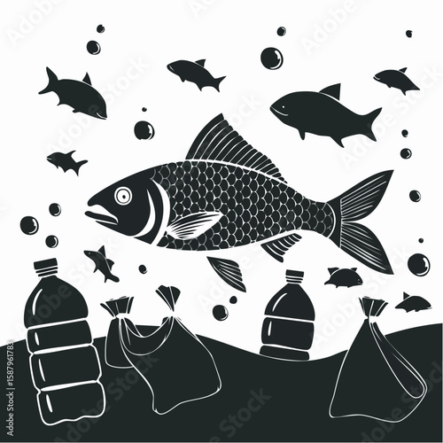 Flat vector illustration in black and white showing ocean pollution with a fish swimming next to plastic bottles and bags