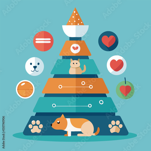 Illustrated maslow's hierarchy of needs applied to pets a creative depiction of a marketing funnel for animal care products.