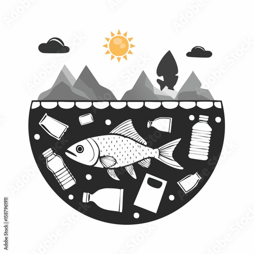 Flat vector in black and white showing industrial waste being dumped into a river, with dead fish floating around