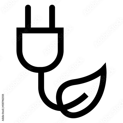 Logo energía renovable. Icono enchufe eléctrico con cable y hoja de planta con líneas